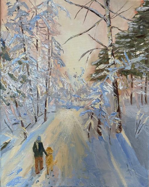 Painting of A Walk in the Winter Woods with My Golden